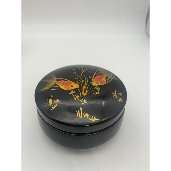 Vintage Black Lacqer Over Porcelain Hand painted Goldfish / Koi Trinket Box - Picture 4 of 6